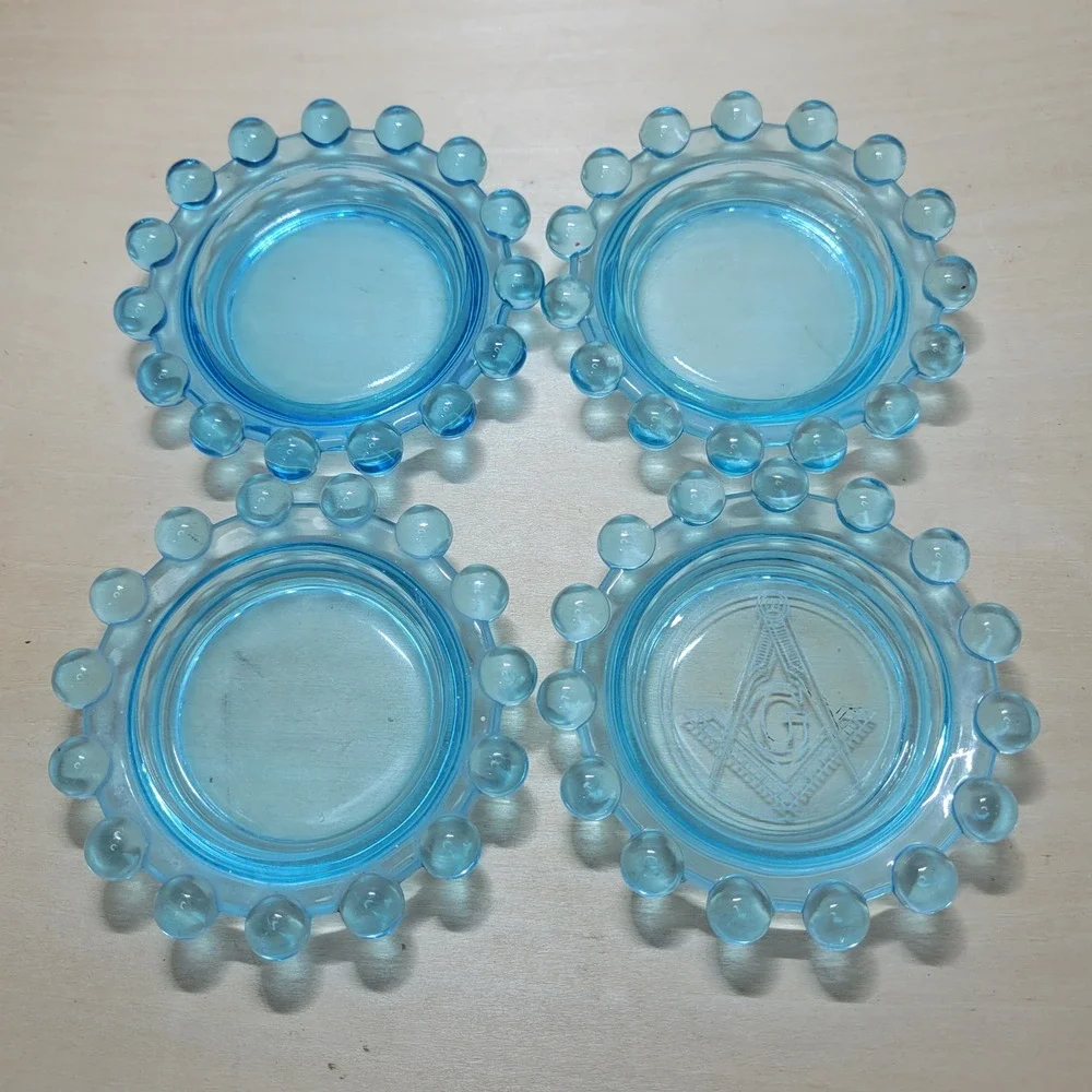 4 Vintage‎ Blue Glass Coasters Bobble Border 1 has Masonic Etched Symbol